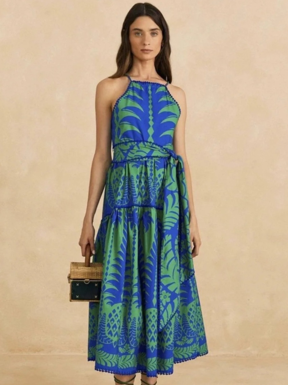 FARM Rio Pineapple Love Blue Tropical Maxi Dress Crochet Detail Size XXS NWT